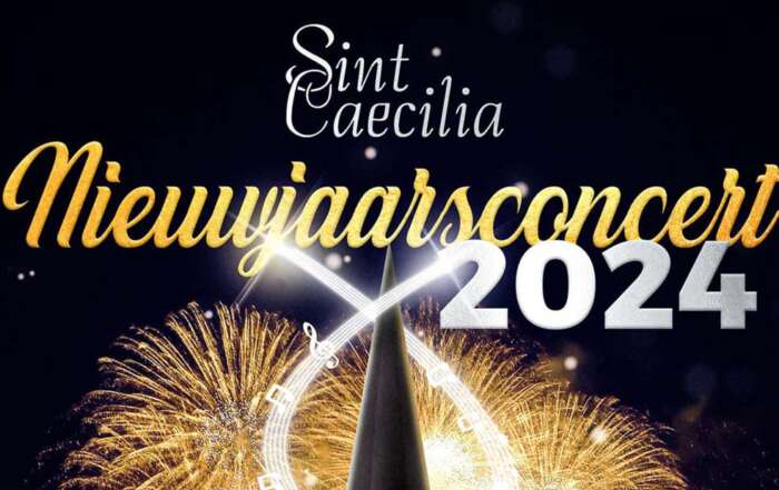Feestelijke poster van vuurwerk met daarop de aankondiging van Nieuwjaarsconcert van Sint Caecilia
