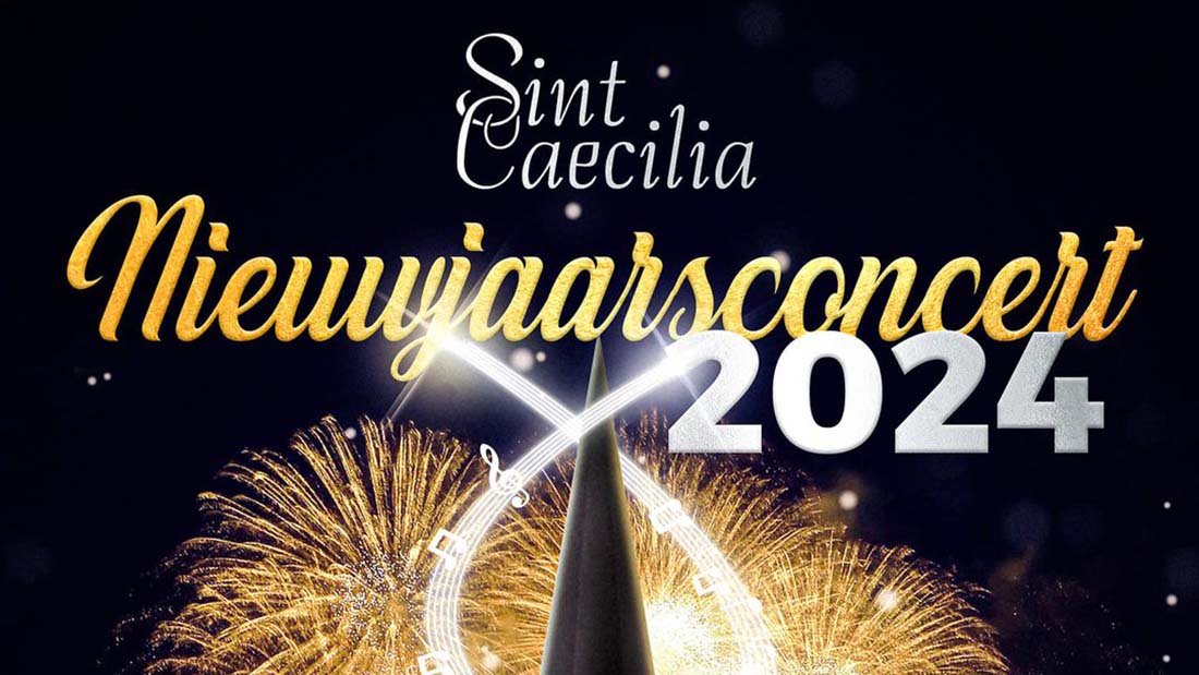 Feestelijke poster van vuurwerk met daarop de aankondiging van Nieuwjaarsconcert van Sint Caecilia