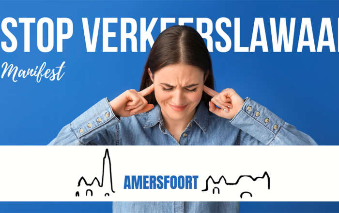 Poster 'Stop Verkeerslawaai Amersfoort'. Jonge vrouw met vingers in haar oren.