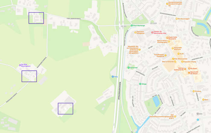Kaart met locaties wijzigingsplannen landgoed en huizen in Hoogland-West