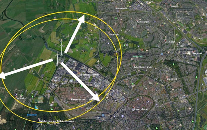 Kaart met daarop de reikwijdte van twee windturbines