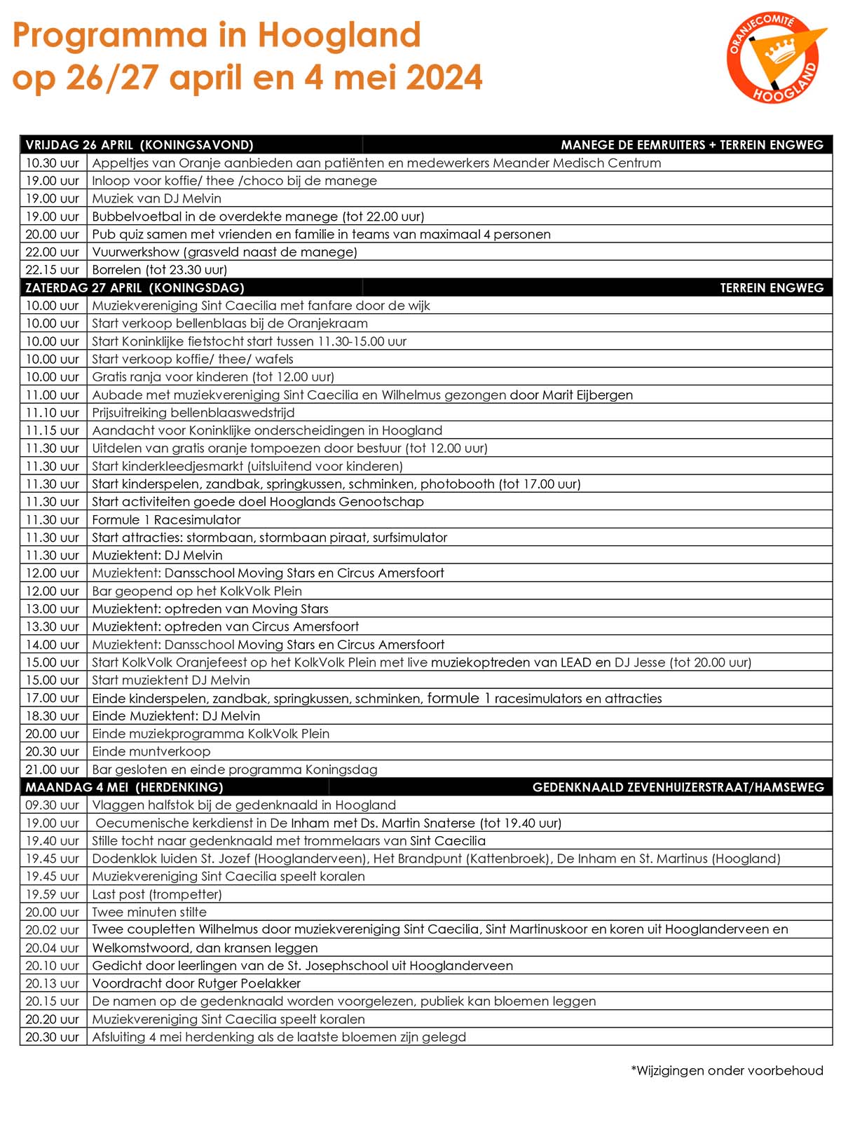 Programma Oranjecomite Hoogland 2024