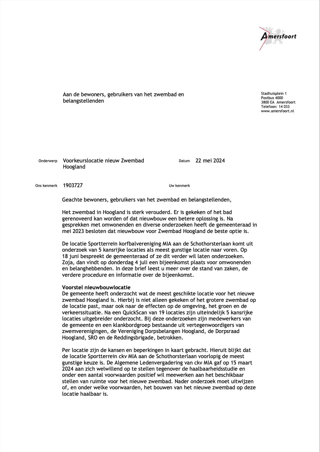 Gemeentelijke brief over locatie nieuwe zwembad pagina 1
