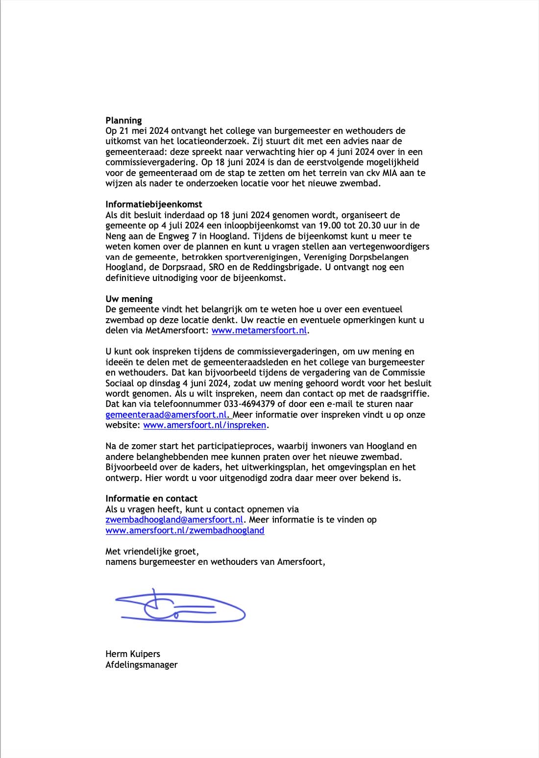 Gemeentelijke brief over locatie nieuwe zwembad pagina 2