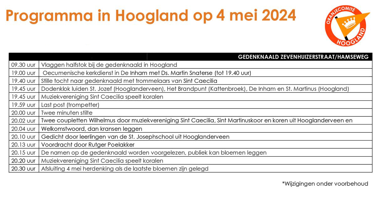Programma Oranjecomite Hoogland Herdenking 2024