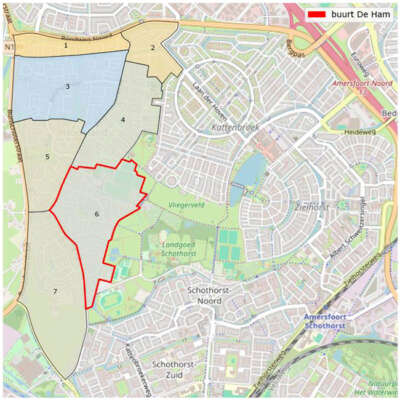 De cijfers op de kaart geven de volgende buurten in het dorp Hoogland weer: 1: De Biezen, 2: De Brinken, 3: Bieshaar-Noord, 4: Langenoord, 5: Bieshaar-Zuid, 6: De Ham, 7: De Bik.