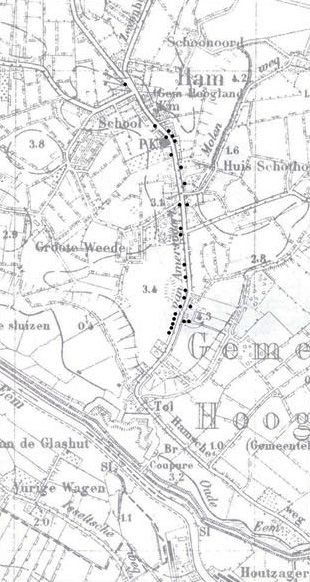 Grenspalen langs de Hamseweg. Tekening topografische kaart uit 1930.