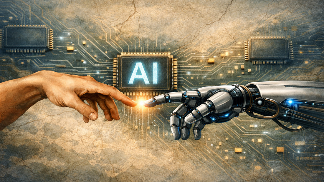 Kunstmatige intelligentie menselijke hand raakt robothand ChatGPT