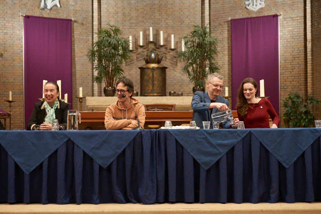 Noëlle Sanders (Beter Amersfoort), Hugo Kruyt (SP), Marcel Koning (CU), Merel de Jong (Partij voor de Dieren)