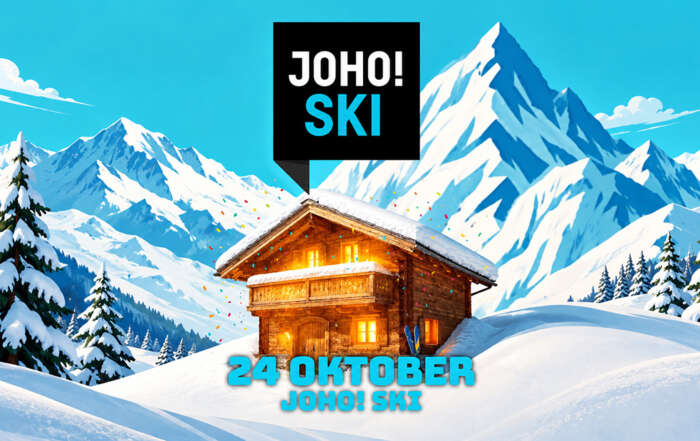 Winterposter met chalet en JOHO! SKI